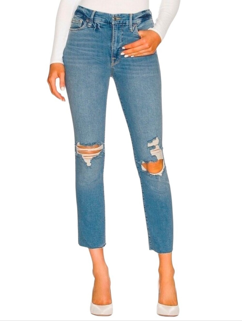 Good American Good Straight Jean Cropped High Rise Destroyed Raw Hem Stretch 22